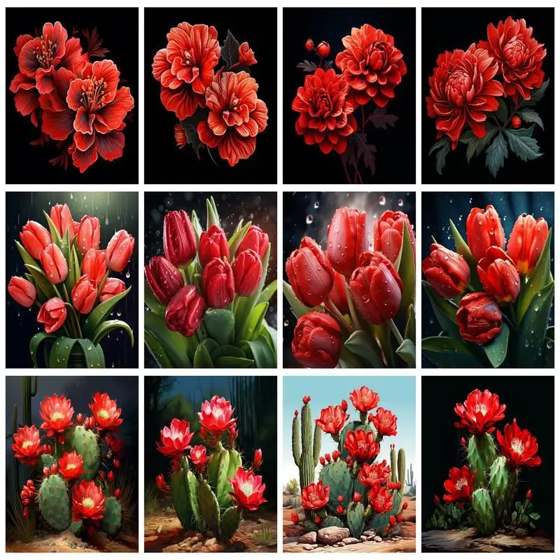 

CHENISTORY DIY Paint By Number Red Flower Hand Painted Painting Art Drawing On Canvas Gift Pictures By Numbers Kits Home Decor