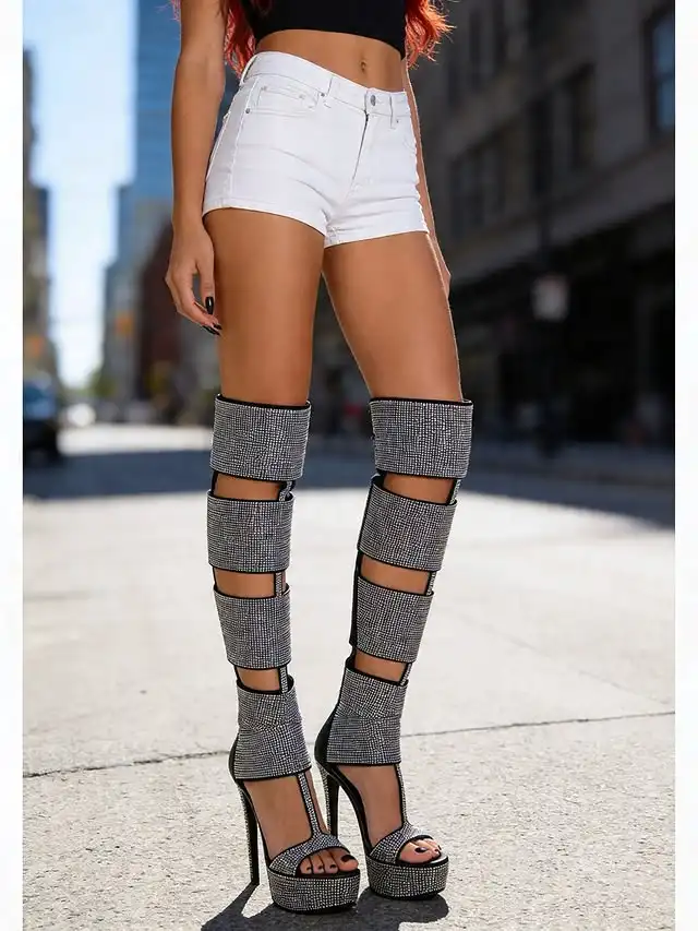 Women Rhinestone Gladiator Cutout Open Toe Platform Stiletto Heel Knee High Sandals, Crystal Embellished High Heel Boots 44