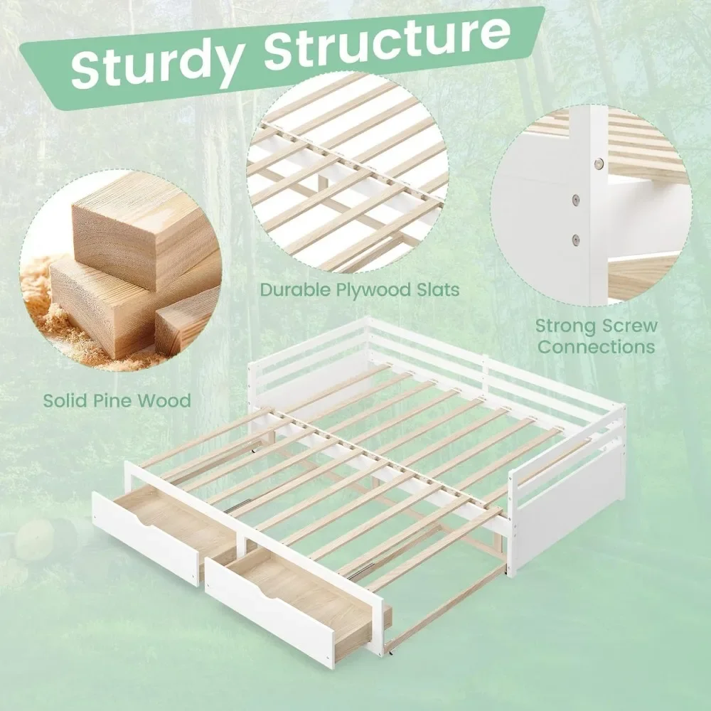 Houten dagbed met onderschuifbed, Twin to King-dagbedframe met 2 opbergladen, bank-dagbed voor tweeërlei gebruik, geen boxspring vereist