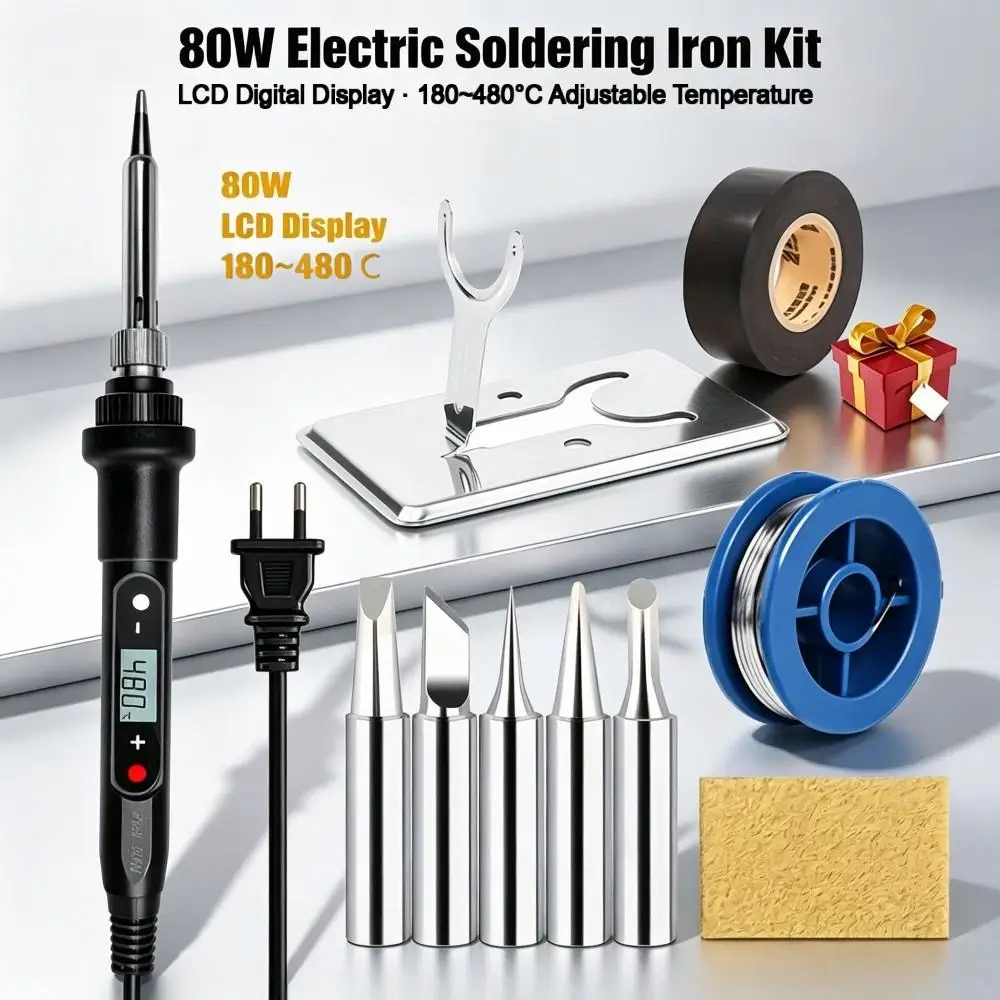 80W Adjustable‑Temperature Electric Soldering‑Iron, Replaceable Solder‑Tips for Household DIY Electronic Welding Hand‑Tool Kit