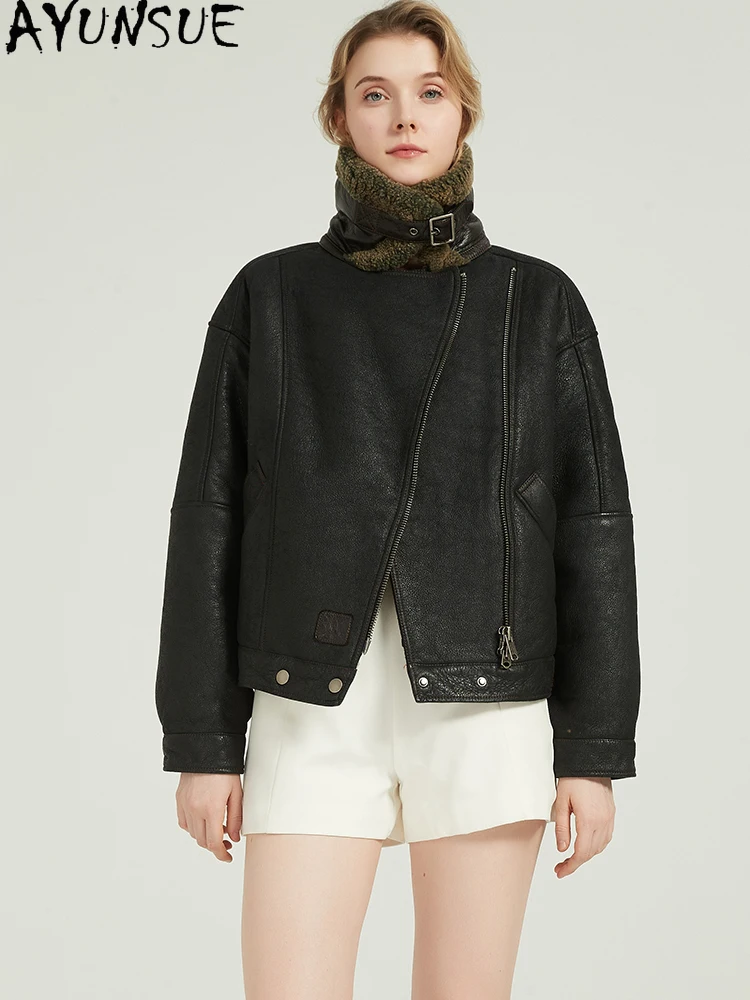 AYUNSUE 진짜 양피 모피 코트 진짜 가죽 자켓 여성 내한 오토바이 자켓 여성 겨울 의류 2025 streetwear