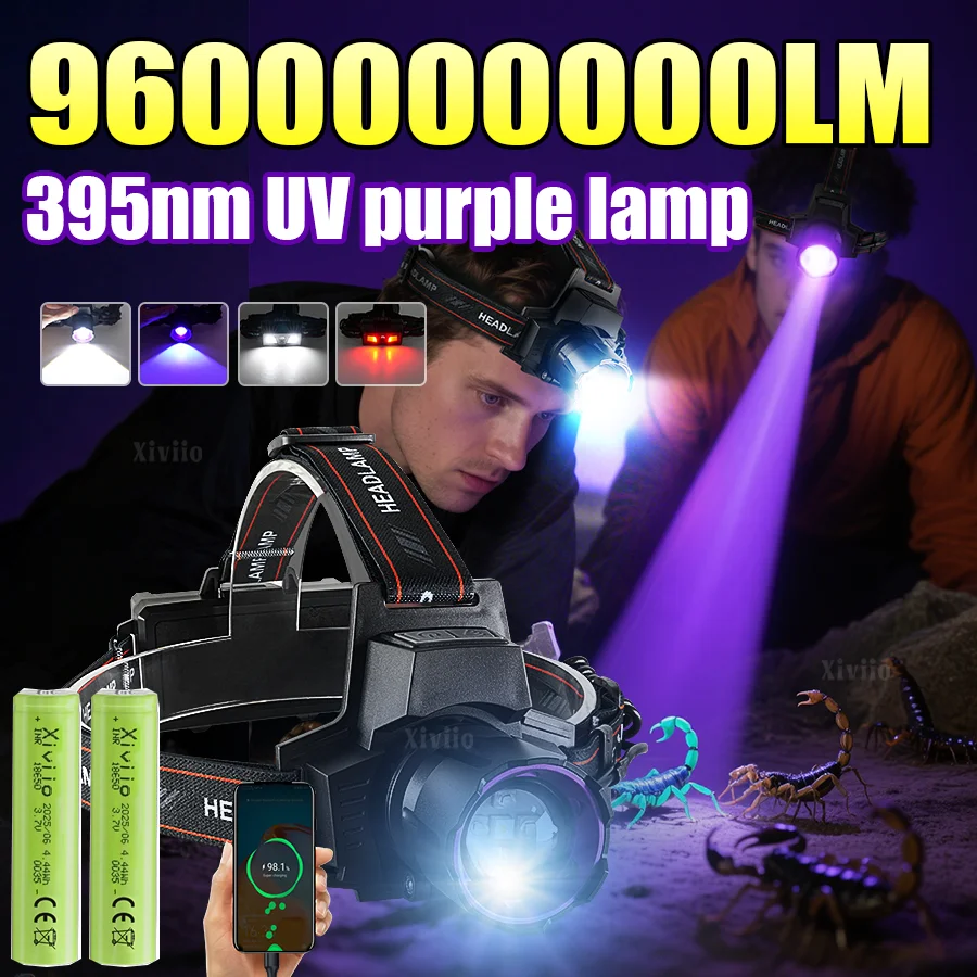 Super Powerful LED Ultraviolet Zoomable Headlight Rechargeable Purple Head Torch Catch Scorption Hunting Light Fishing Lantern
