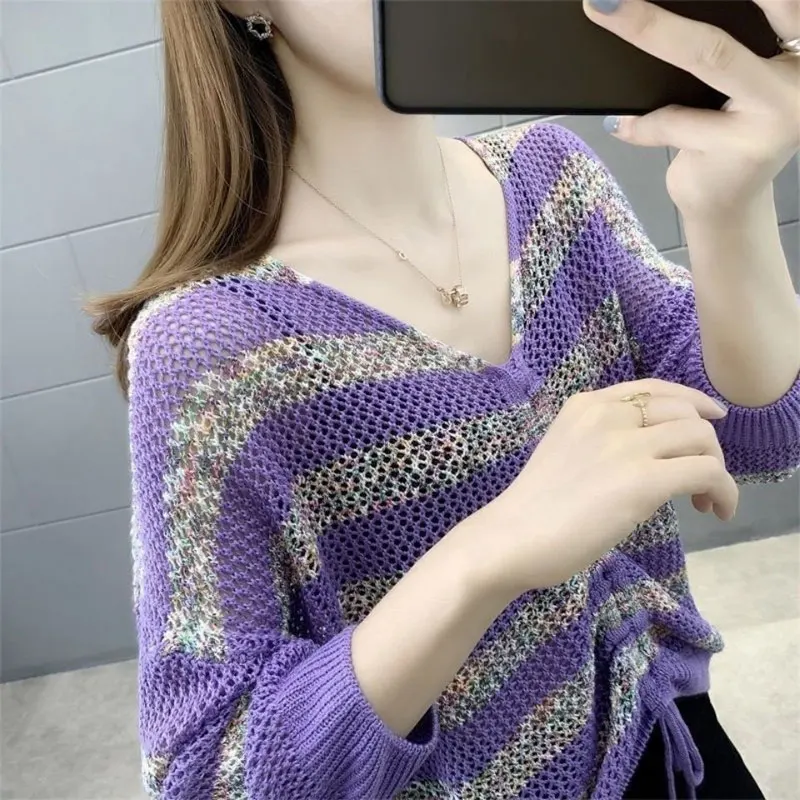 Fashion Striped Hollow Out Knitted T-shirt Spring Summer Thin Elegant V-Neck Female Casual Loose Shirring Drawstring Pullovers