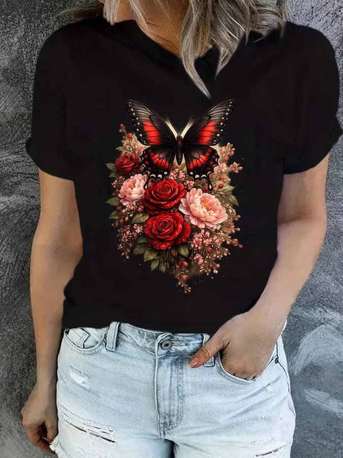 Vintage Butterfly Rose Print T Shirt Women Elegant Peony Floral Graphic Tees Cottagecore Aesthetic Crew Neck Summer Top