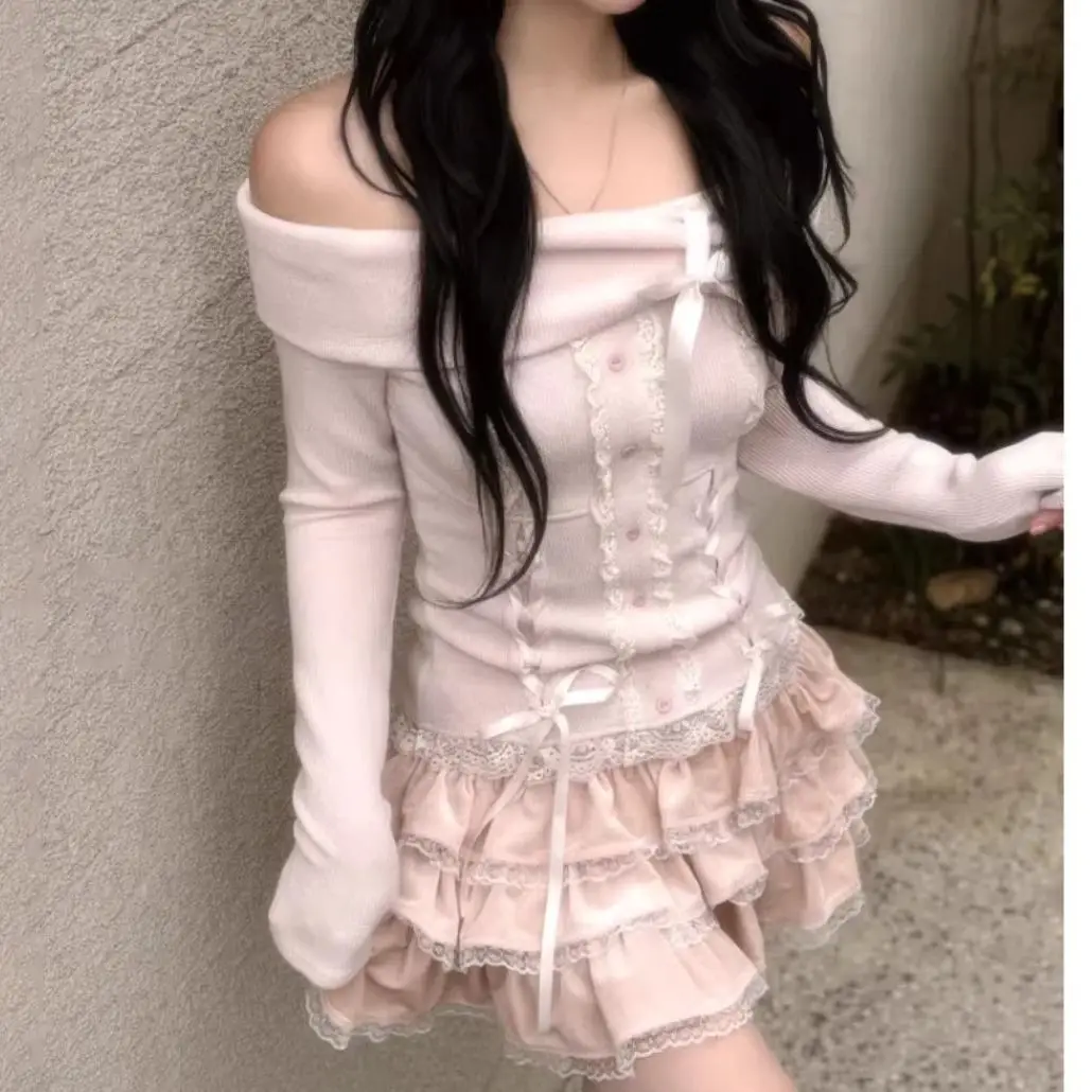 

Милые комплекты из двух предметов в стиле кавай: повседневные топы-корсеты Y2K и кружевные мини-юбки, японские костюмы Лолита, элегантная женская одежда
