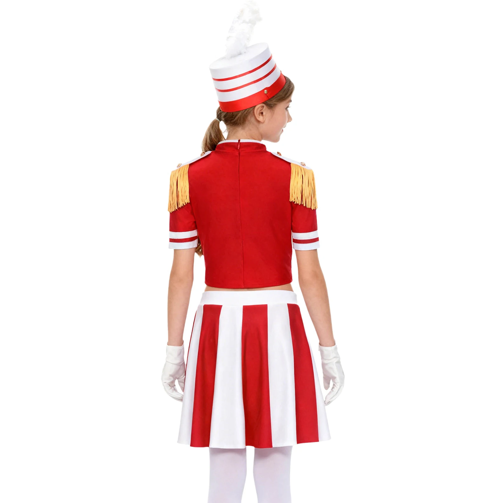 Girls Drum Trumpet Honor Guard Majorette Costume Short Sleeve Epaulets Tassels Marching Band Uniform Top with Skirt Hat Gloves
