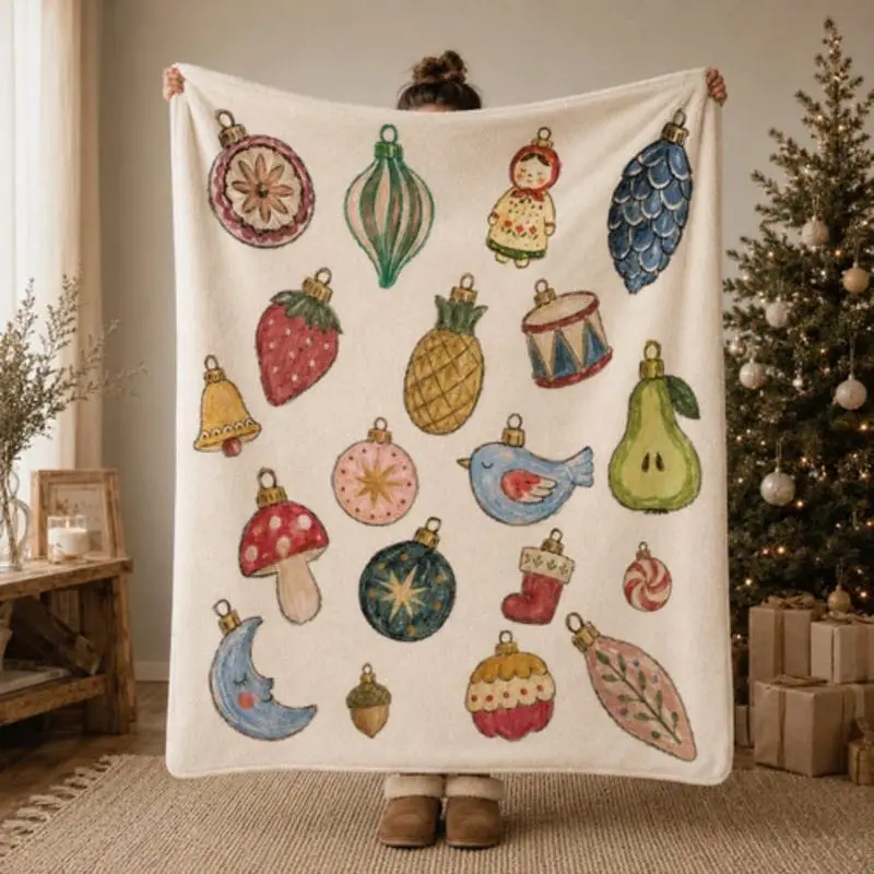 VIKAMA Vintage Christmas Ornament Throw Blanket with Watercolor Baubles Bird and Moon on Cream Cozy Blanket for Couch Decor