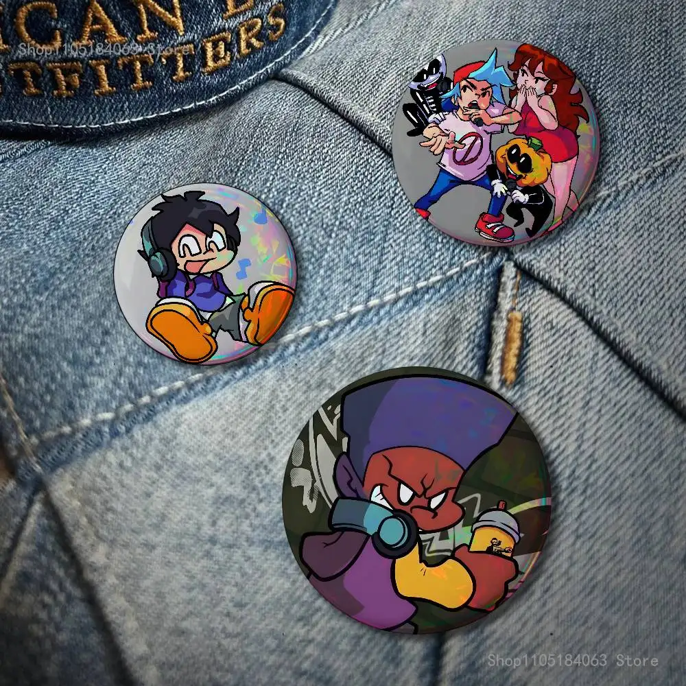 F-Friday Night F-Funkin Reflective Pin Tinplate Round Brooch Cartoon Cosplay Badges for Bag Hat Toys Gifts