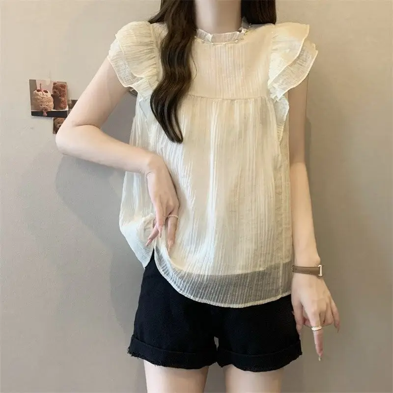 Pink Flutter Sleeve Chiffon Blouse Women's Summer New Large Size Slimming Short Sleeve T-Shirt Stylish Top