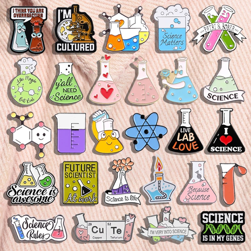 Science Chemical Collection Enamel Pins Creative Test Tube Medicine Bottle Molecule Element Brooches Lapel Badge Jewelry Gifts