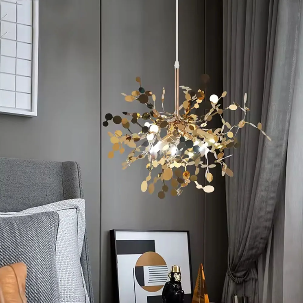 

Nordic LED Chandelier Stainless Steel Chrome Leaf Personality Art Decor Living Dining Room Bar Table Hanging Lighting