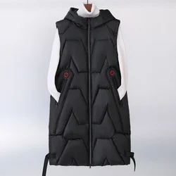 2023 Autumn Winter Female New Glossy Down Cotton Vest Women Middle School Medium-Length Coat Waistcoat Hooded Cotton Vest Jacket