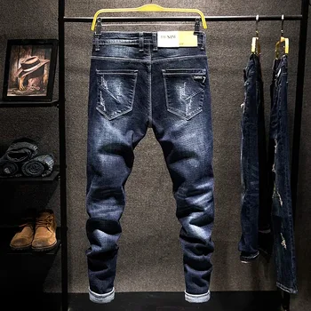 American Elastic Straight Jeans Men Ripped Worn-out Slim-fit Cotton Denim Pants Korean Style Fashion Blue Black Men's Clothing 2