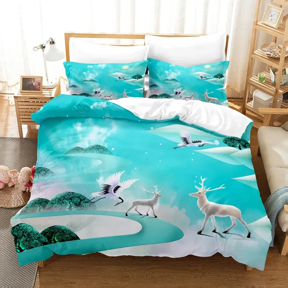 Deer 3D Beautiful Animal Deer Blue Comfortable Duvet Quilt Cover Pillowcase Bedding Set Children Bedroom Decoration Home Textile
