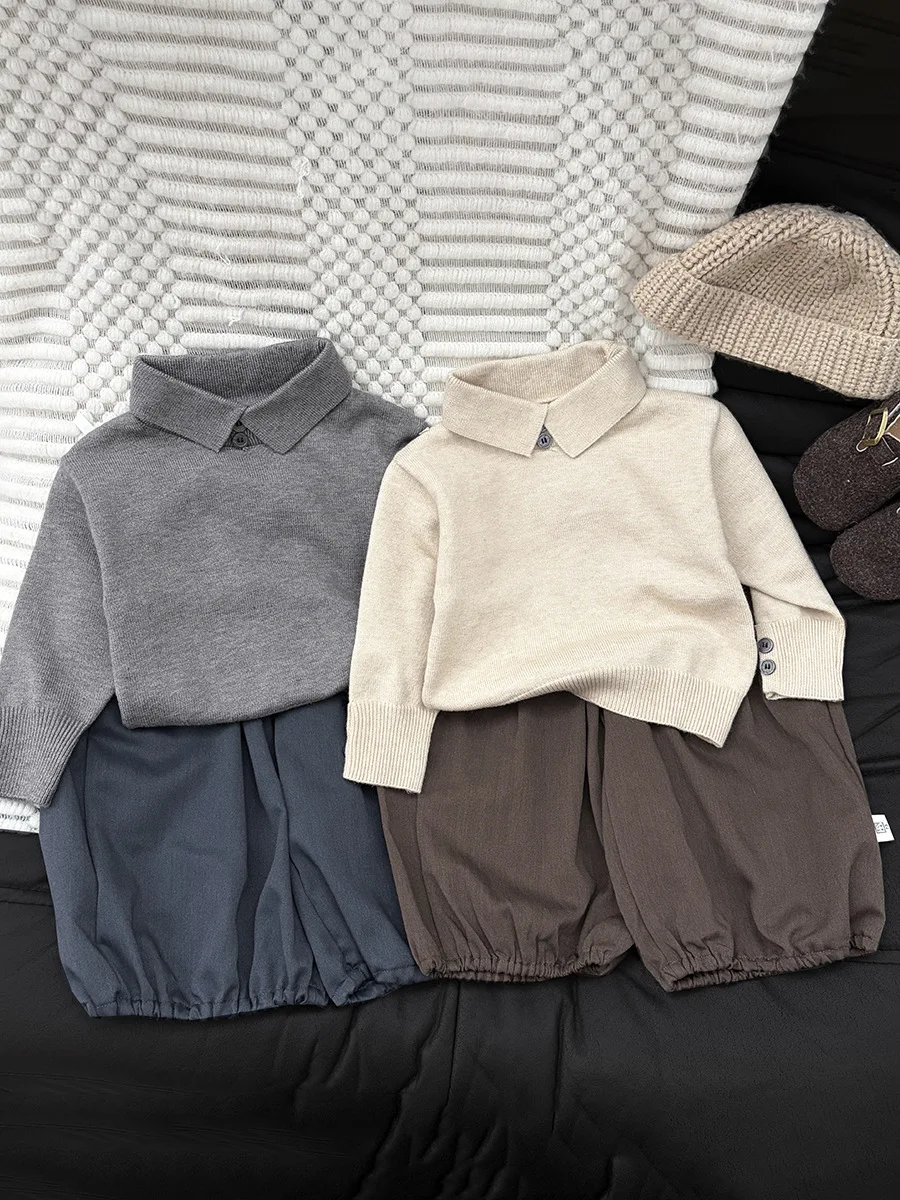 2026 Autumn New Baby Casual Knitwear Boys Preppy Style Polo Collar Sweater Solid Infant Toddler Fashion Lapel Knitted Tops