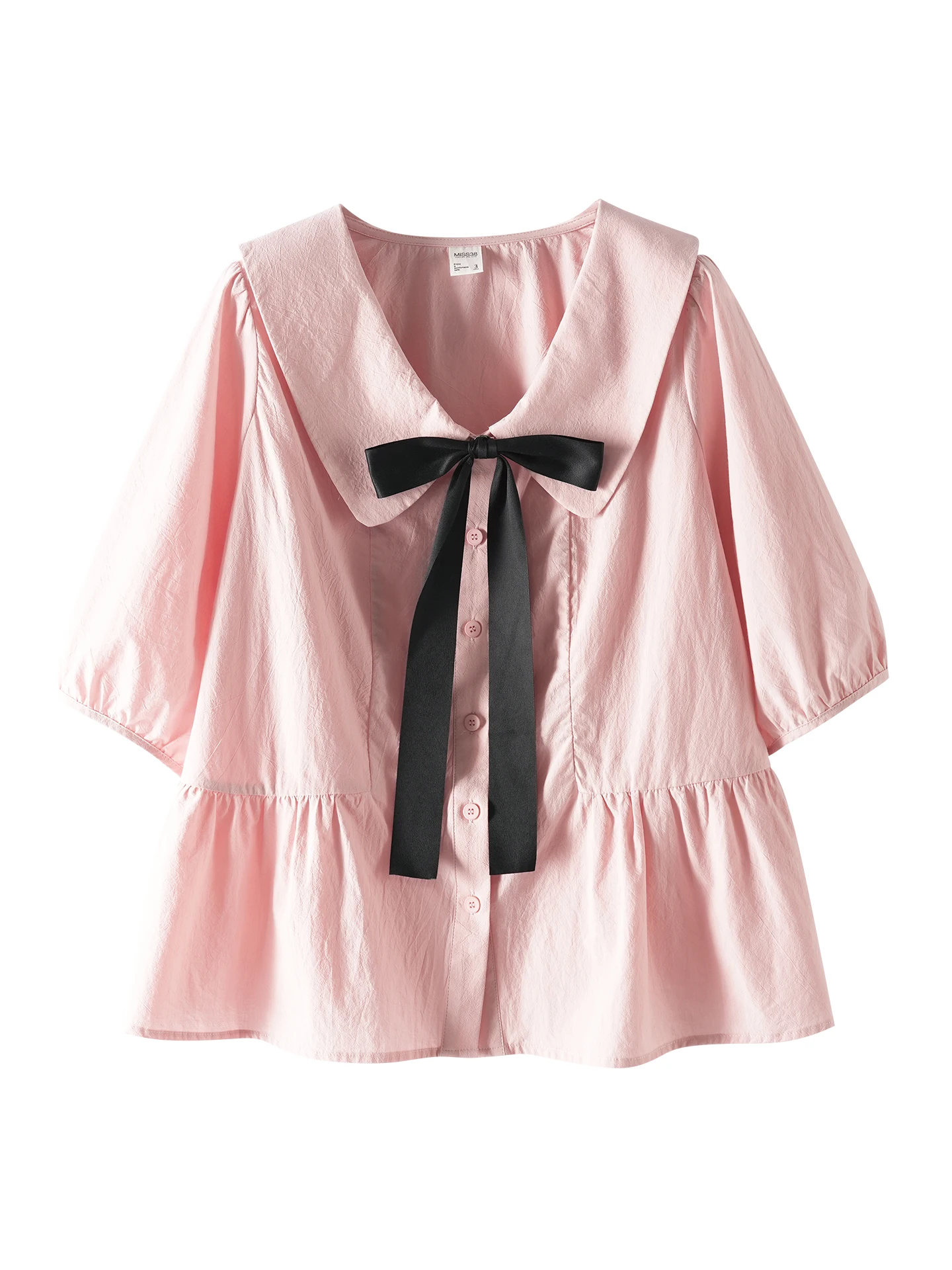 Large Size Sweet Bow Cute Peter Pan Collar College Pink Short Sleeve Shirt Girl 2025 Summer New Korean Age-reducing Lolita Top