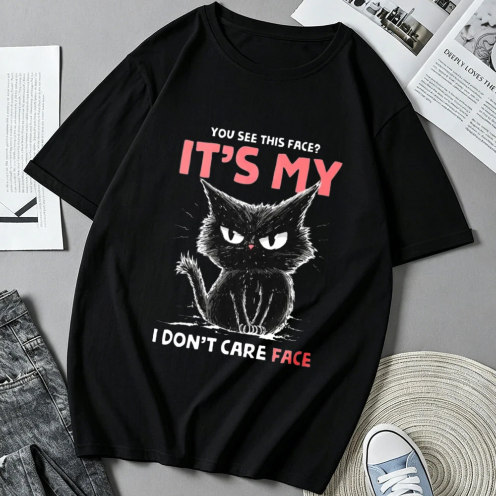 Funny Angry Black Cat Graphic T‑Shirt You See This Face It's My I Don't Care Face Print Cotton Tshirt Humor Sarcastic Streetwear