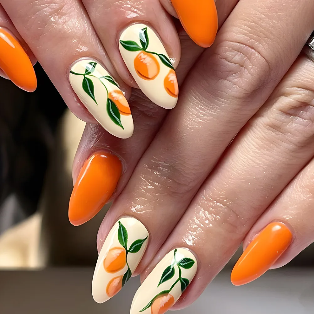 

24Pcs Long Almond Press on Nails - Fresh & Minimalist Style with Solid Orange on Beige Base and Green Accented Orange Slices