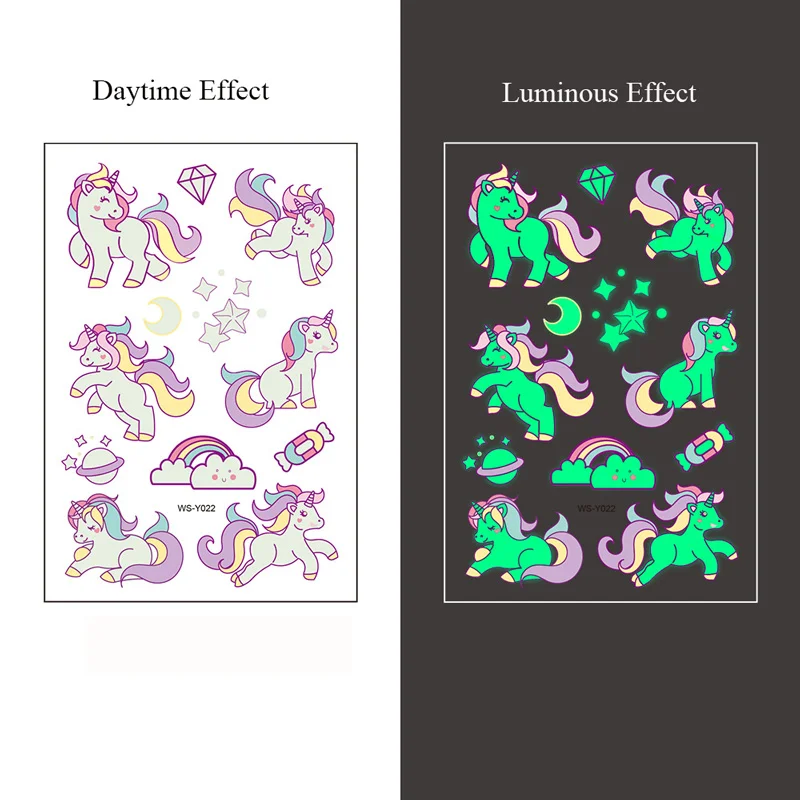 5 Sheets Luminous Tattoo Stickers Temporary Colorful Animal Dinosaur Tattoo Cute Tattoo Stickers Children\'s Body Tatto