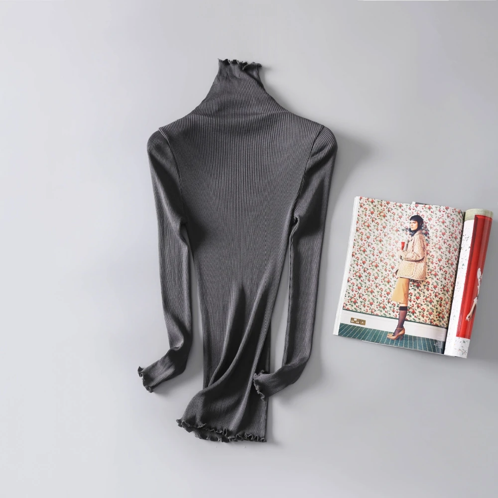 Birdsky, Women long sleeve turtleneck pullover Tops Tees ruffles high collar slim fit extended Rib 70% mulberry silk, OR-46
