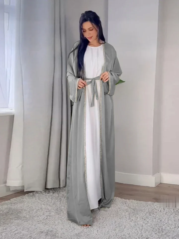 ALSEY Stamping Design Women's Long Dresses Fashion Satin Outer Slim Gown White Inner Abaya 2025 Spring New