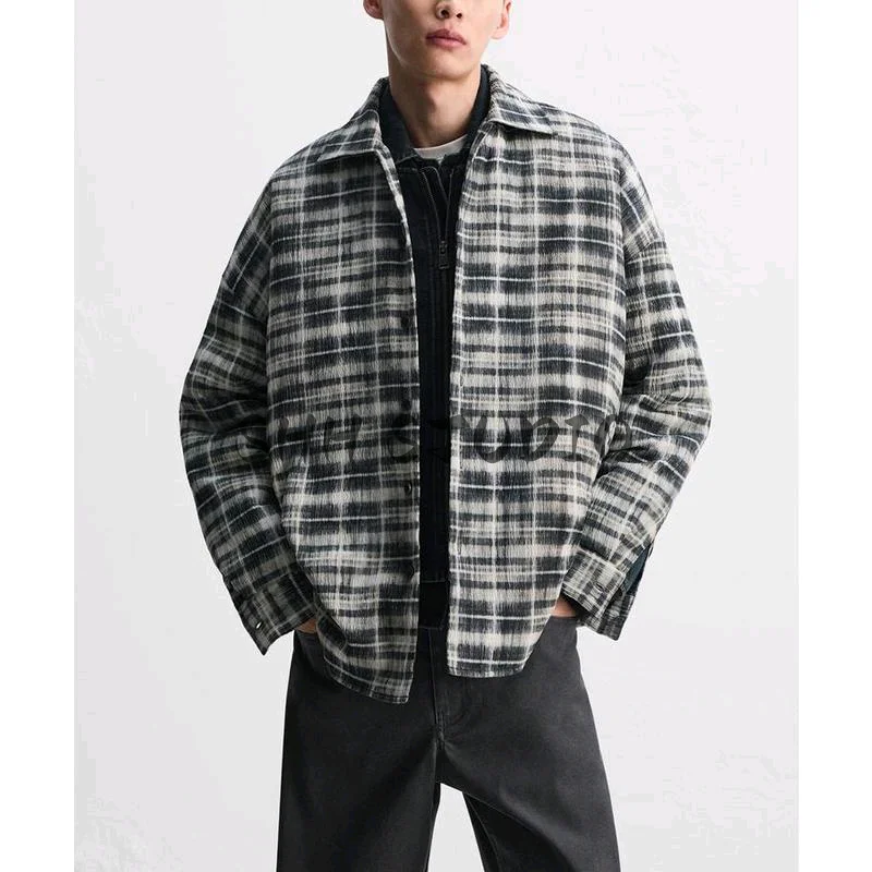 

Spring New Arrival Men's Long Sve irt Collar Coat Plaid Versatile Outerwear Casual Loose Fit Youth Autumn Regular Thin