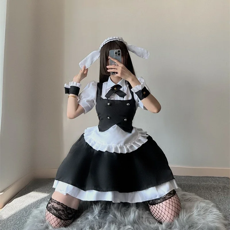 Disfraces de Cosplay de conejito negro para mujer, delantal, trajes de sirvienta, ropa Kawaii japonesa, Disfraces de Halloween para niña escolar Lolita