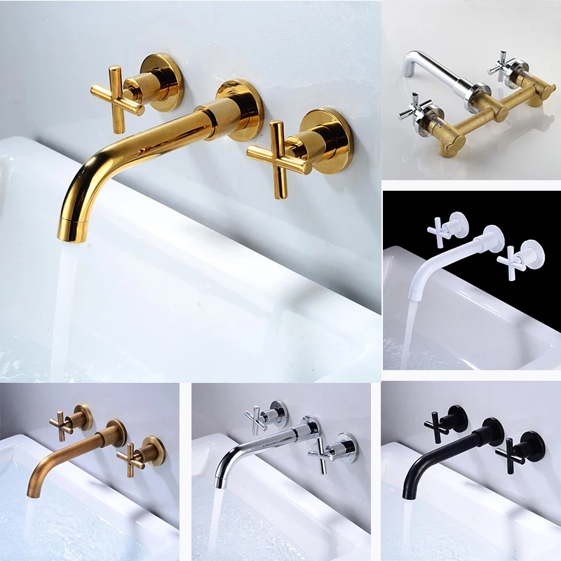 Wall Mounted Bathtub Filler Tap Gold High Flow Bathtub Faucet Double Handle Wall Mounted Bathroom Faucet 2 Cross Handles 3 Hole