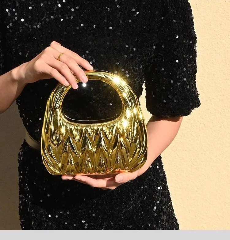 

2025 Golden Evening Bag Purses and Handbags Luxury Designer Shoulder Bags Funny Shape Party Wedding Acrylic Shiny Clutch Purse