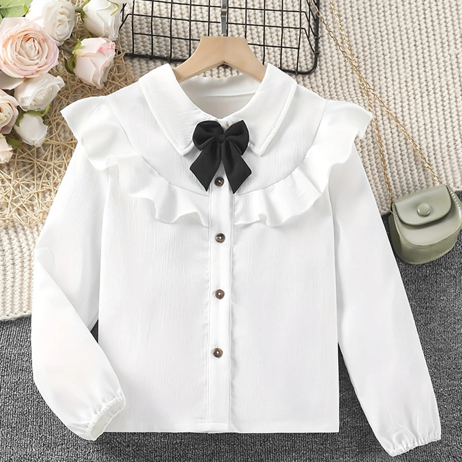 Kids Girls Cute Bowknot Ruffled Collar White Shirt Turn-Down Collar Long Sleeve Button Texture Blouse for School Birthday Party