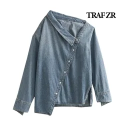 TRAF ZR Asymmetrical Denim Women's Blouse Fine Elegant Blusas Para Mujer Off Shoulder Y2k Vintage Top Baggy T Shirts Women