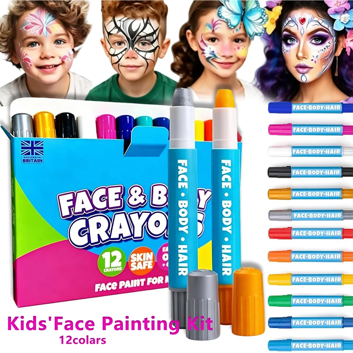 12 Colors Face Painting Crayons,Rotatable and Washable Face Painting Sticks,Non-toxic Water-Activated Paint Pen For Kids,Adult