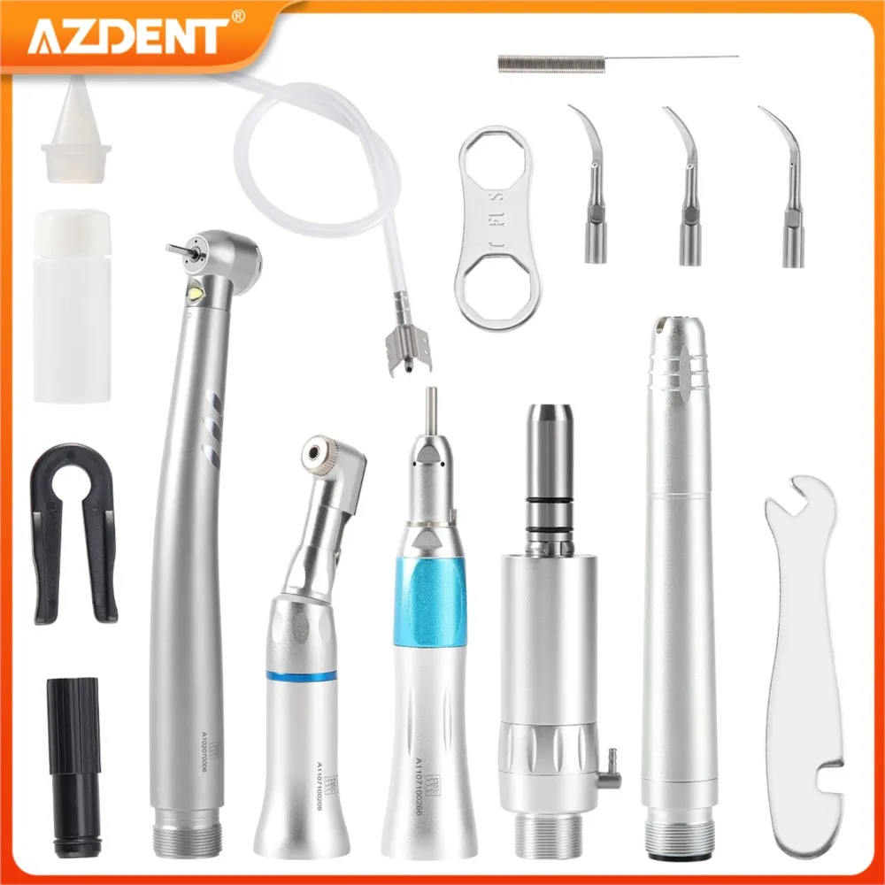 AZDENT Set Dental Air Scaler High Speed Handpiece LED Integrate E-generator Low Speed Kit 2/4 Holes Push Button Ceramic Bearing