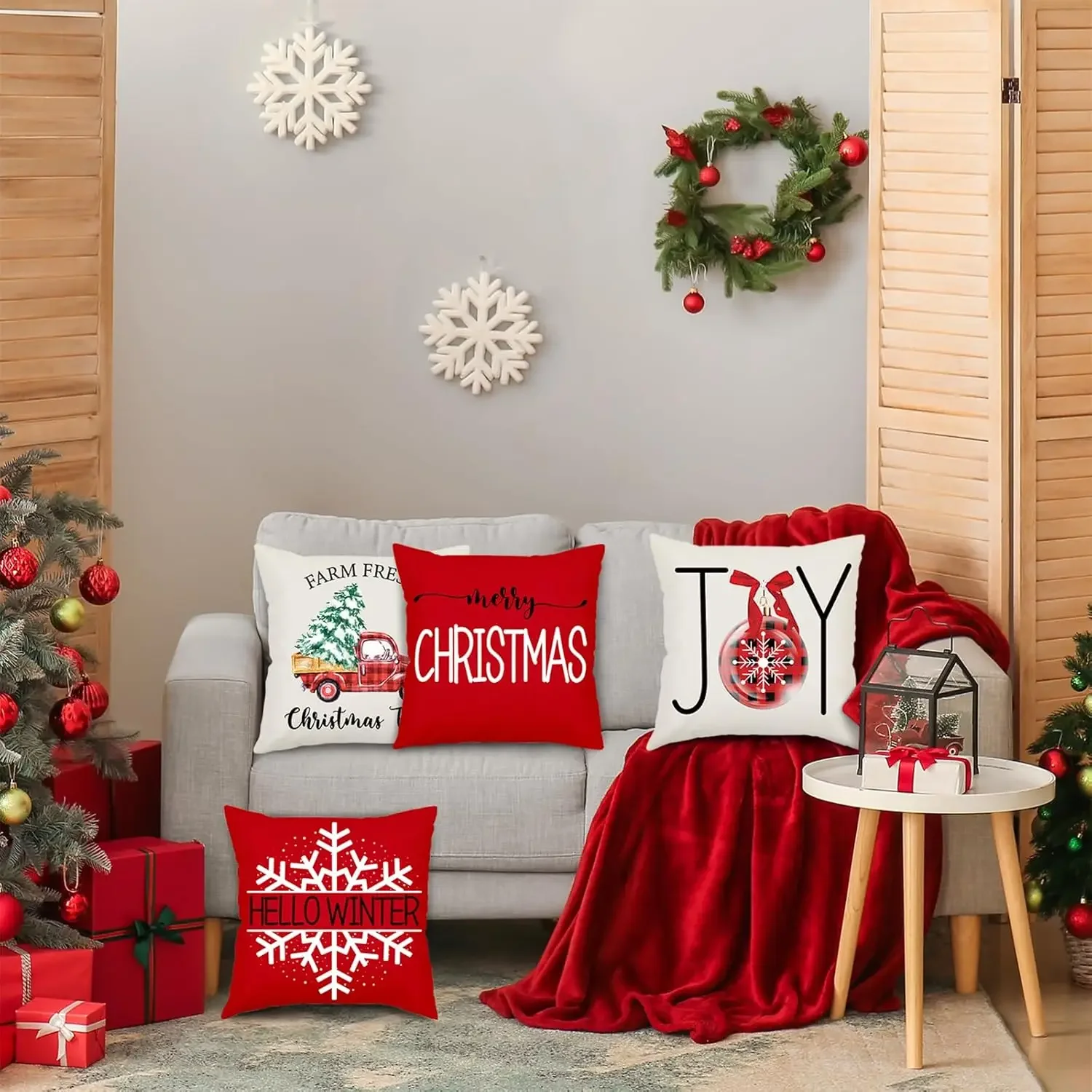 Merry Christmas Tree Truck Joy Snow Hello Winter Decorative Red Cushion Cover Farmhouse Christmas Pillow  Covers Holiday Home