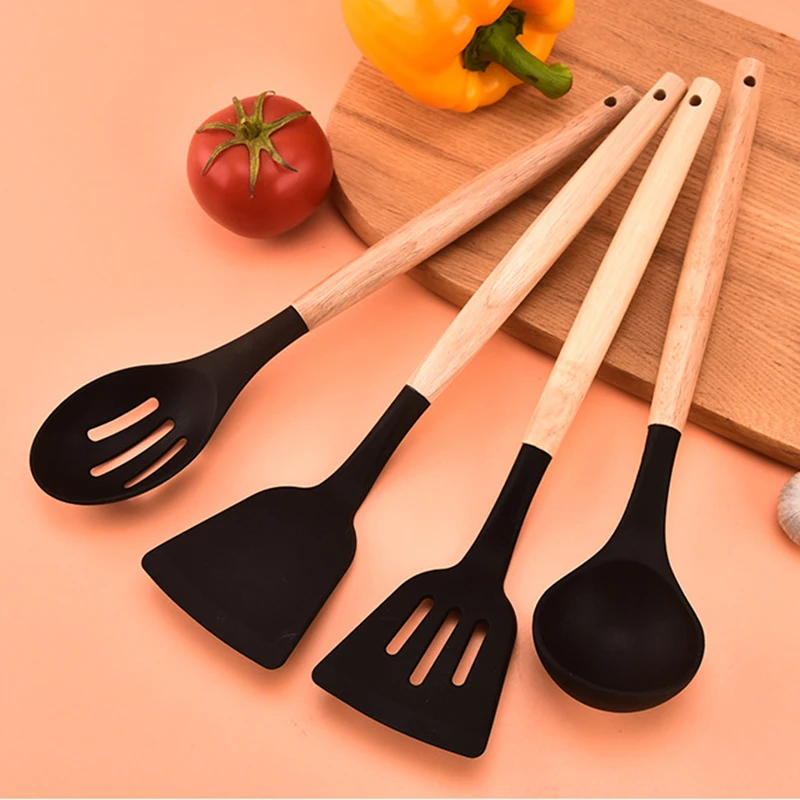 

12Pcs Silicone Kitchen Cooking Utensils Temperature Resistant Spoon Spatula Wooden Handle Kitchenware Set With Storage Bucket