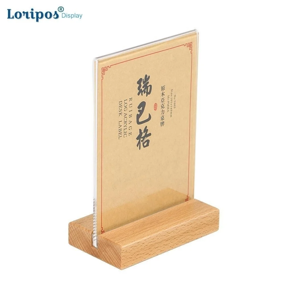 A4 Acrylic Sign Stand T Shape Table Menu Holder Information Paper Literature Display Price Flyer Wooden Poster Frame