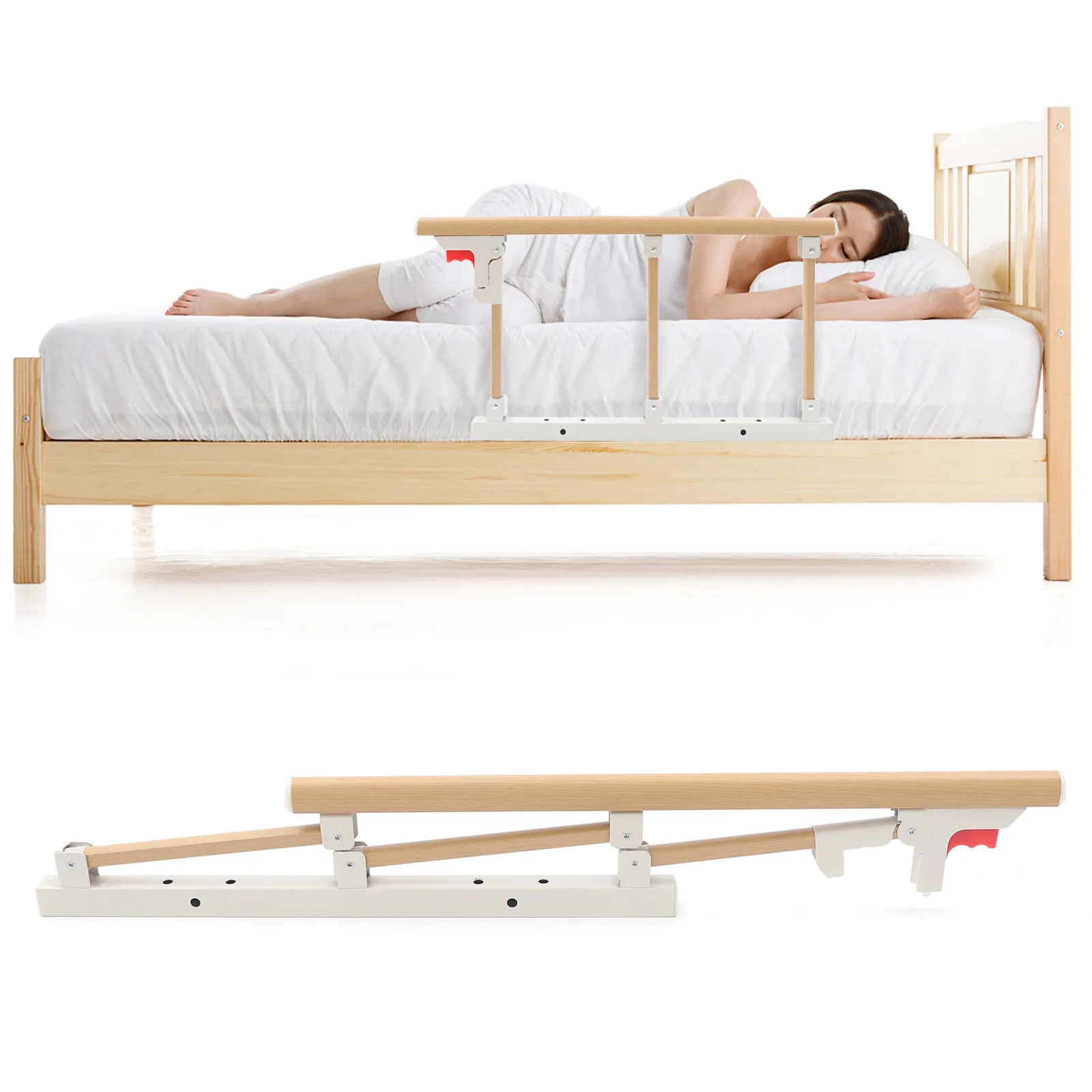 Aluminium Alloy Folding Bed Rails Wooden Grain Safety Assist Handle Bed Railing Fit for Elderly Seniors Adults