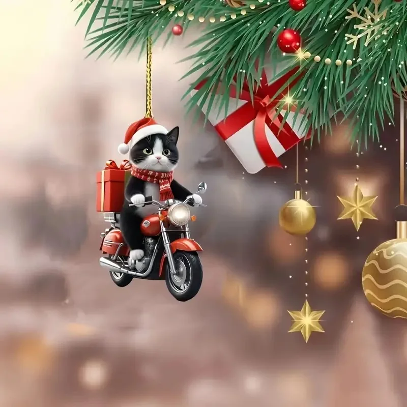 Motorcycle Cat Acrylic Hanging Decoration Christmas Tree Car 2D Flat Riding Kitten Hanging Ornament Cartoon Pendant For Christma