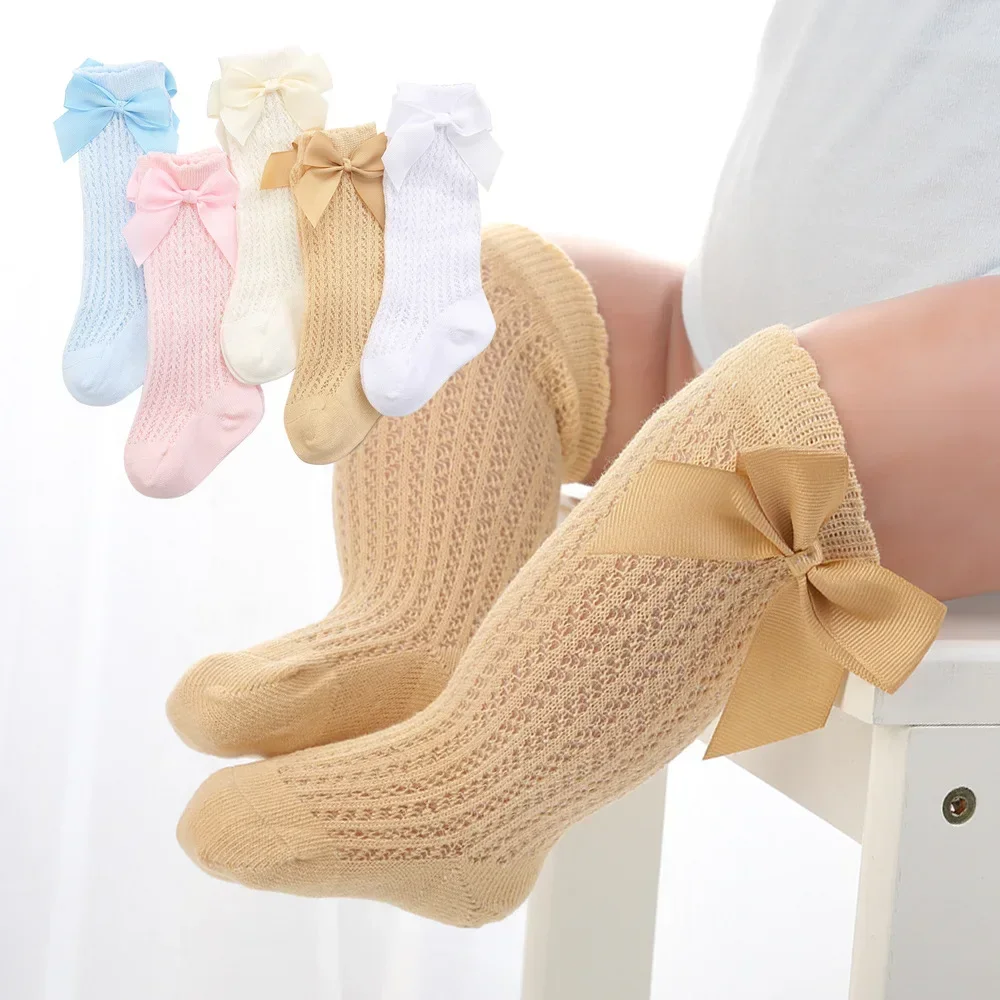 New Summer Baby Girl Socks Cute Big Bows Soft Cotton Elastic Solid Color Mesh Newborn Socks Knee High Long Toddler Girl Socks