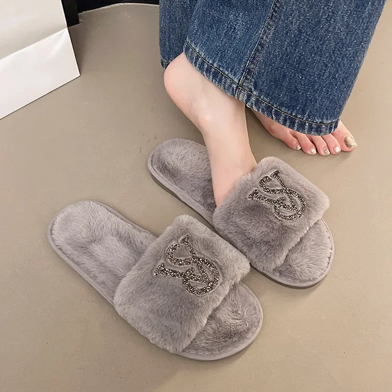 Indoor Home Slippers Fur Slippers Diamond Embedded Rabbit Fur Large Size Crossbody Slippers Fashionable Slip-On Shoes