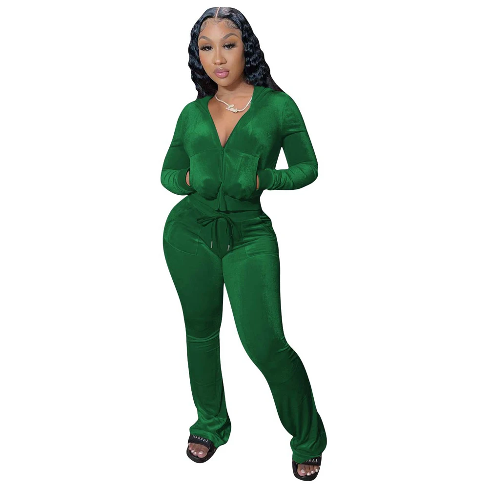 JENYAGE Damen Y2K Einfarbiger Velours Zweiteiler Trainingsanzug mit Reißverschluss-Kapuzenjacke und ausgestellter Hose mit Kordelzug, lässiger Jogginganzug – Detail 11