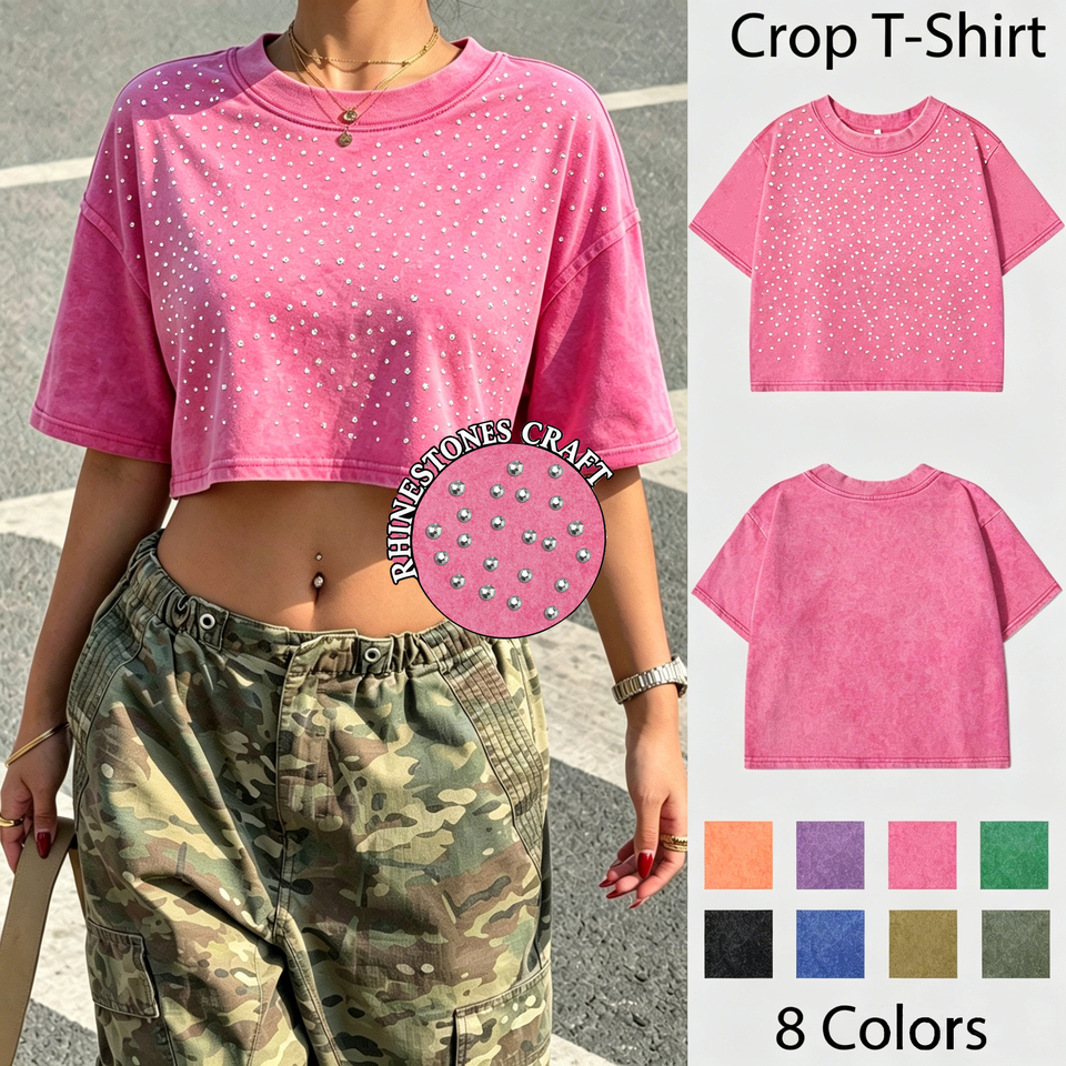  Y2k Trend Diamond Washed T-Shirts Summer Womens Basic Cotton Crop Tops Casual O-Neck Short Sleeve Tees Vintage Womans Clothes 