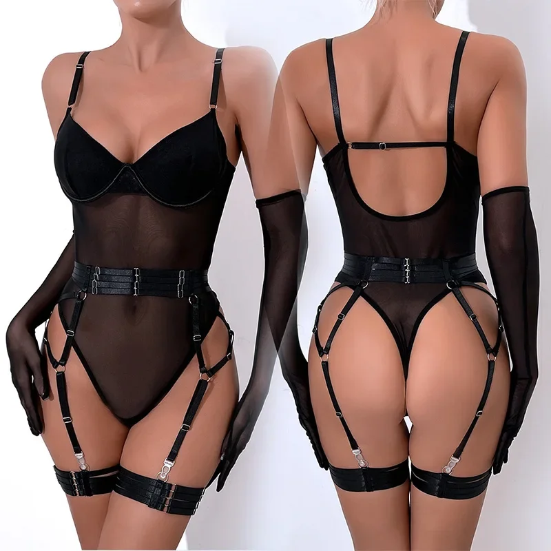 Conjunto de sutiã de renda apertado para mulheres, ver através do bodysuit, lingerie sexy, corpo de mulher erótico com luvas, roupa de liga, boneca, sex shop, XXX