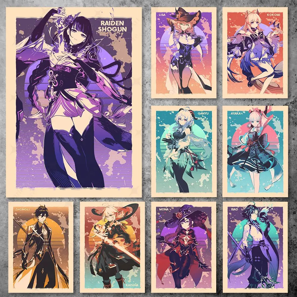 Video Game Genshin Impact Poster Vintage Anime Picture Character Wall Art Canvas Painting Prints for Kids Room Modern Home Decor