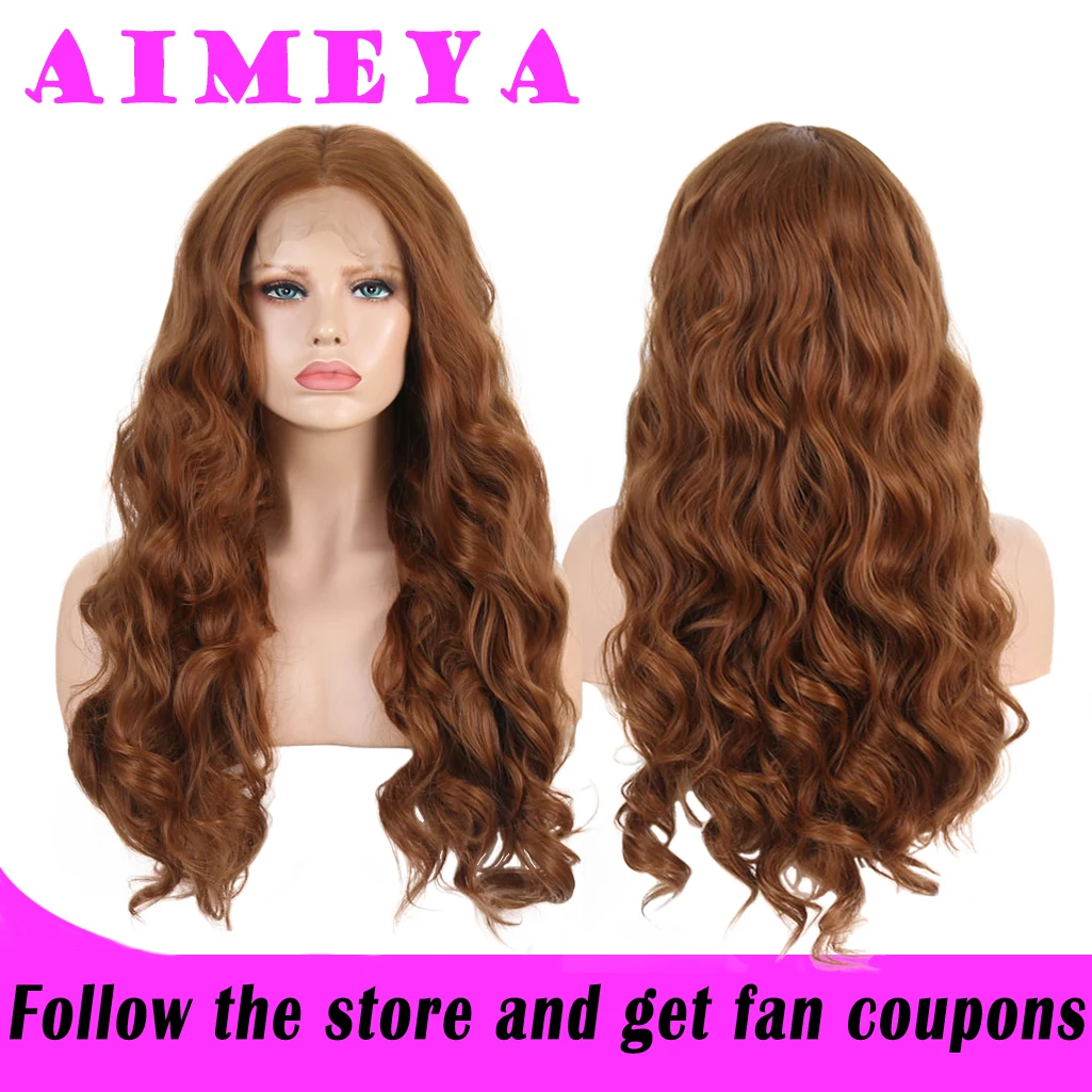 AIMEYA Brown Long Body Wave Middle Part Synthetic Lace Front Wig for Women Half Hand Tied  Hair Natural Lace Wigs Blonde