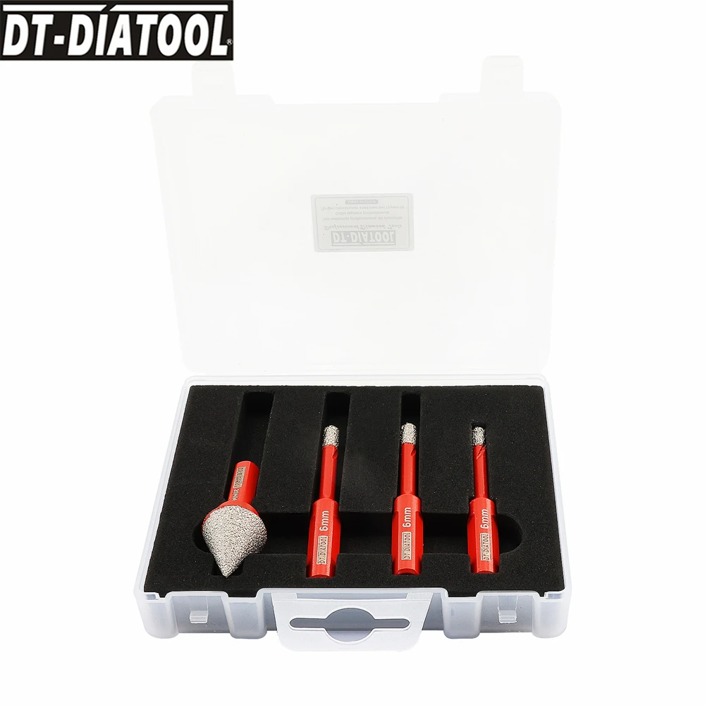 

DT-DIATOOL-4pcs Set Dia 6/8/10mm Diamond Drilling Bits Kit Box with Triangle Shank Tile Cutter Core Bits Hole Saw Drill Chamfer