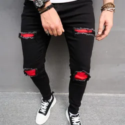 American Fashion Black Red Patchwork Men's Jeans High Street Korean Slim Trousers Ripped Hole Hip Hop Male Denim Pants