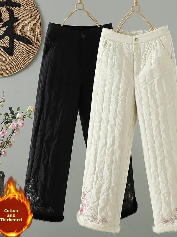 

New Chinese Sle Heavy Embroidery Warm Cotton Pants Women Winter New Loose Casual Slimming Thiened Straight Long Trousers