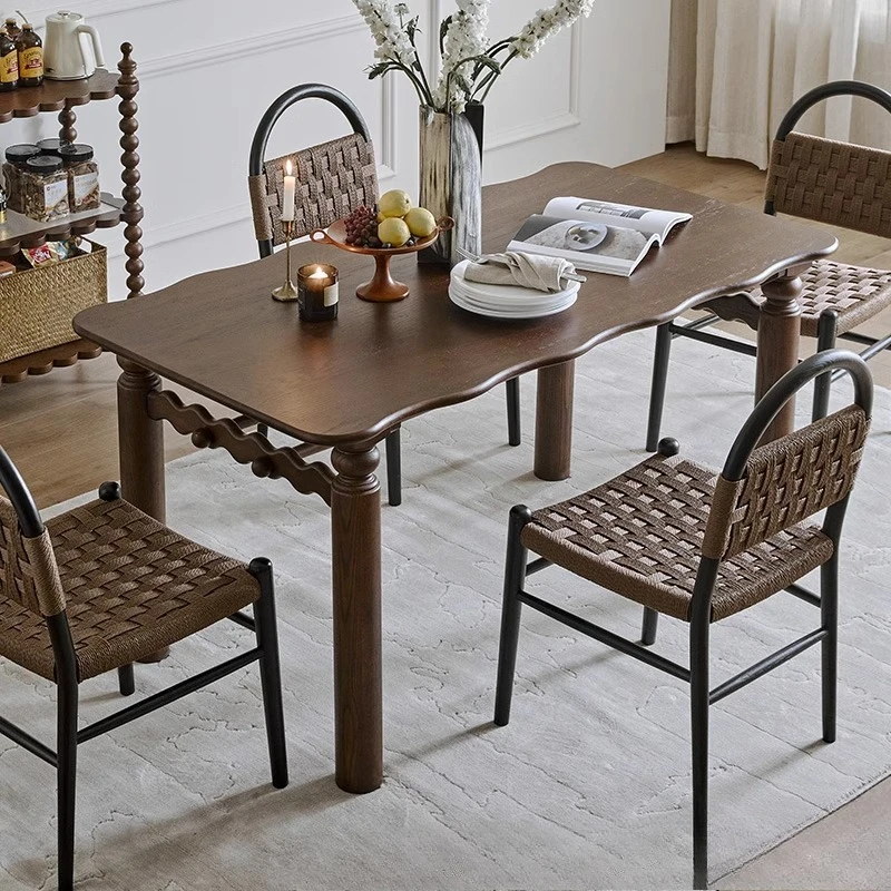 French retro solid wood dining table and chairs, one table and four chairs, log style household American large board table