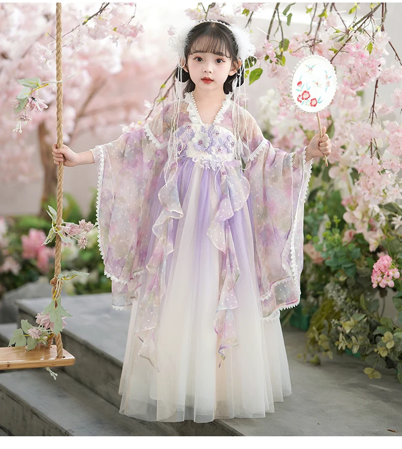 Chinese Outfit Baby Girls Costume Folk Dance Performance Children Hanfu Dress Purple Summer Ancient Kids Traditional Dresses